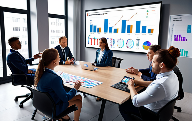 **
A modern office setting with diverse professionals collaborating on a sports marketing campaign. The focus is on a team meeting, displaying charts and graphs projecting sponsorship revenue growth. The atmosphere is dynamic and driven. Include the Russian Ruble currency symbol (₽) in the visuals to signify financial success.
**