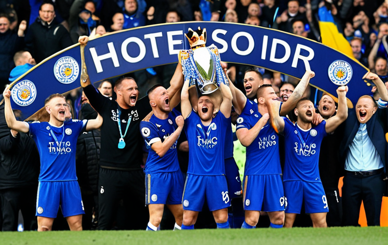**Leicester City Victory Celebration:** Image of jubilant Leicester City players celebrating their Premier League victory. Focus on the team spirit and authenticity that defied the odds. Include a nod to their social media engagement, perhaps with fans celebrating alongside. The mood is energetic and triumphant, capturing the "magic of the Foxes."