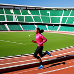 A determined young professional athlete, gender-neutral, running on a track within a state-of-the-art, eco-friendly sports stadium. The stadium incorporates green technology like visible solar panels on the roof and designated recycling bins nearby. The athlete is fully clothed in modest, appropriate sports attire, focused on their performance. The lighting is bright and natural, emphasizing a clean and ethical environment. This image should reflect fair play and environmental consciousness. Perfect anatomy, correct proportions, natural pose, well-formed hands, proper finger count, natural body proportions, professional sports photography, high quality, safe for work, appropriate content, fully clothed, modest, family-friendly.