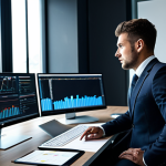 A focused male sports marketing professional in a modest, dark business suit, meticulously planning strategy in a sleek, modern office. He is seated at a large desk with multiple monitors displaying data analytics dashboards and project management software. The office is well-lit with large windows and a clean, minimalist design. The atmosphere is calm and highly productive. Fully clothed, appropriate attire, safe for work, professional dress, perfect anatomy, correct proportions, natural pose, well-formed hands, proper finger count, natural body proportions, professional photography, high quality, studio lighting, crisp details, appropriate content, family-friendly.