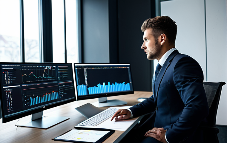 A focused male sports marketing professional in a modest, dark business suit, meticulously planning strategy in a sleek, modern office. He is seated at a large desk with multiple monitors displaying data analytics dashboards and project management software. The office is well-lit with large windows and a clean, minimalist design. The atmosphere is calm and highly productive. Fully clothed, appropriate attire, safe for work, professional dress, perfect anatomy, correct proportions, natural pose, well-formed hands, proper finger count, natural body proportions, professional photography, high quality, studio lighting, crisp details, appropriate content, family-friendly.