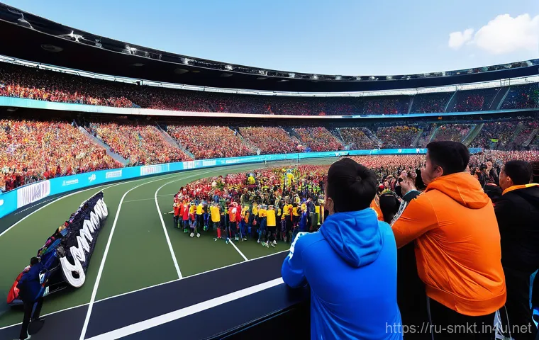 스포츠마케팅에서의 팀워크 중요성과 사례 - The scene is filled with a diverse crowd of cheering fans of all ages, vibrantly dressed in team col...