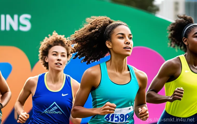 스포츠 브랜드 마케팅 성공 사례 - **A diverse group of athletes pushing their limits during a vibrant community sports event.** The sc...