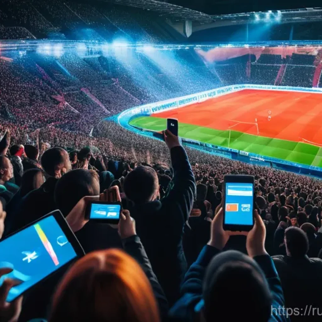 스포츠마케팅에서의 디지털 전환 사례 - **Prompt:** A vibrant scene capturing the excitement of Russian sports fans engaging with digital pl...