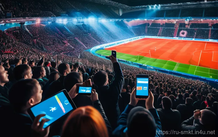 스포츠마케팅에서의 디지털 전환 사례 - **Prompt:** A vibrant scene capturing the excitement of Russian sports fans engaging with digital pl...