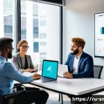 스포츠마케팅 전문가를 위한 자가진단 체크리스트 - A modern sports marketing team collaborating in a bright, contemporary office space filled with digi...