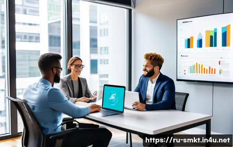 스포츠마케팅 전문가를 위한 자가진단 체크리스트 - A modern sports marketing team collaborating in a bright, contemporary office space filled with digi...