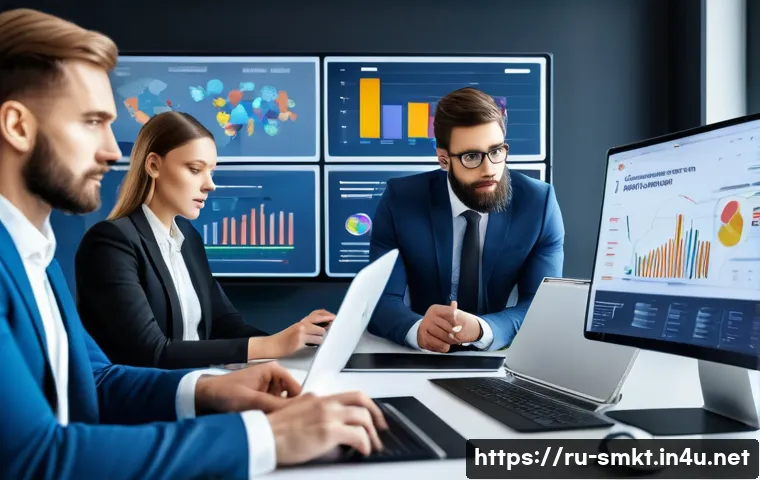 스포츠마케팅 실습 프로젝트 보고서 작성법 - A professional sports marketing team in a modern office environment analyzing digital data on multip...