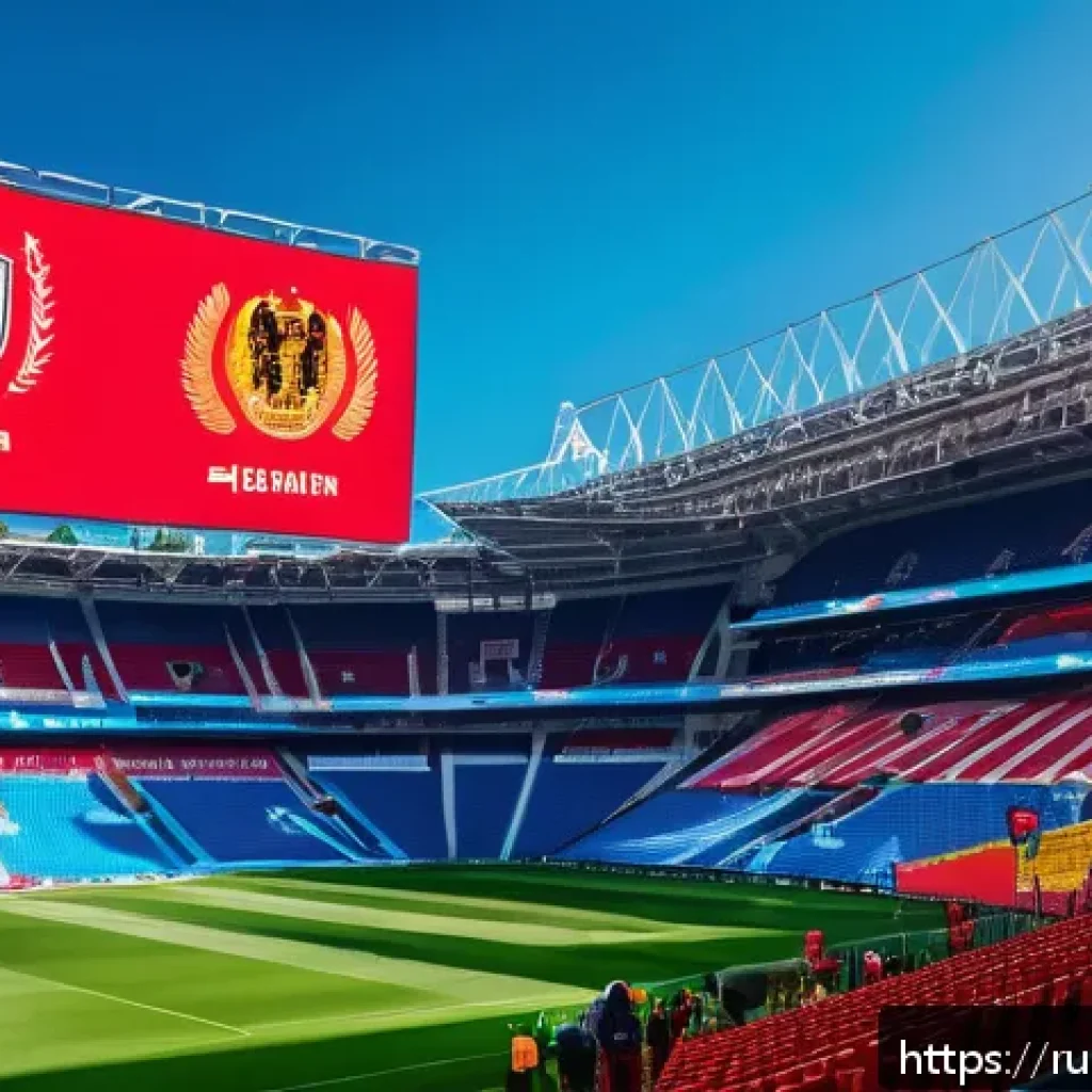 스포츠마케팅 관련 대학원 졸업생 이야기 - A dynamic scene of a modern Russian football stadium filled with diverse enthusiastic fans using mob...