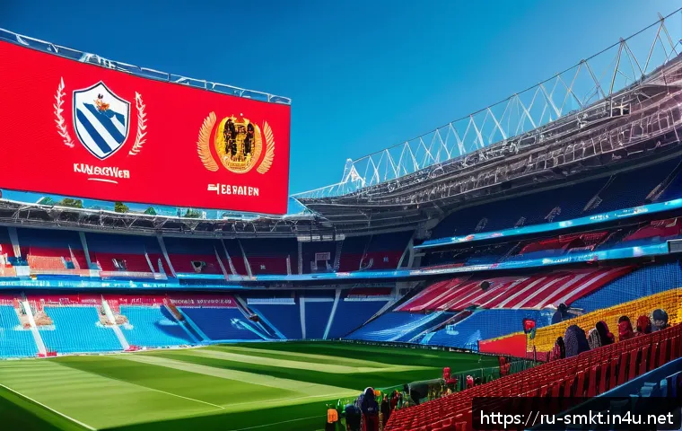스포츠마케팅 관련 대학원 졸업생 이야기 - A dynamic scene of a modern Russian football stadium filled with diverse enthusiastic fans using mob...