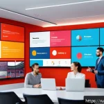 스포츠마케팅 직무에서의 프레젠테이션 준비 팁 - A dynamic sports marketing presentation scene featuring a diverse group of attentive adults in a mod...