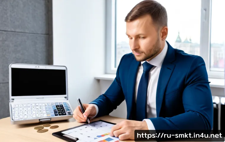 스포츠마케팅 전문가로서의 경력 관리 전략 - Photorealistic sports marketing professional in a modern Moscow office, reviewing a career growth st...