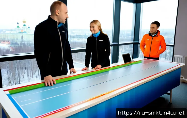 스포츠 이벤트 기획 사례 분석 - Photorealistic sports event planning case study scene in a modern Moscow office, diverse Russian eve...