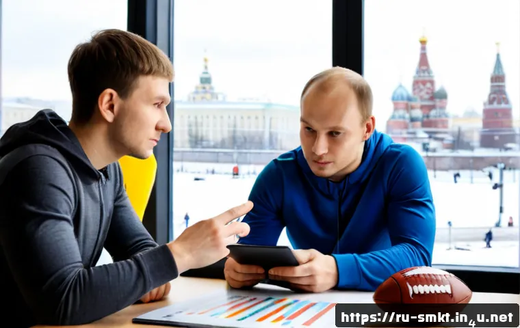 Home 17 스포츠마케팅 스타트업 창업 사례 - Photorealistic sports marketing startup founders in a modern Moscow coworking studio, diverse young ...